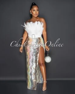 Coster Off-White Feather Rhinestones Buckle Sequins Hem Bodysuit Dress