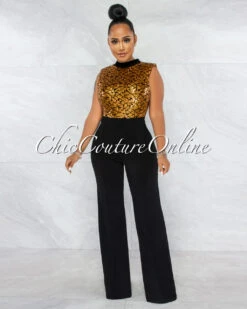 Medini Moroccan Gold Sequin Top Black Bottom Jumpsuit