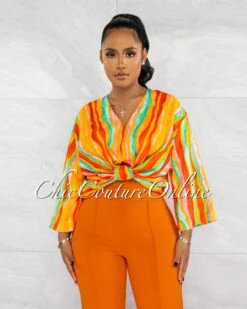 Darizza Orange Multi-Color Print Front Knot Crop Blouse