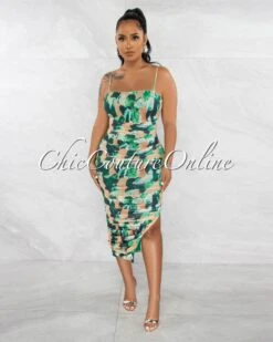 Palmira Green Mustard Print Ruched Midi Dress