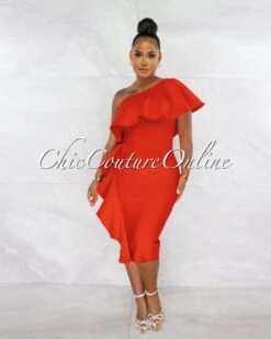 Annette Red Single Shoulder Ruffle Bandage Midi Dress