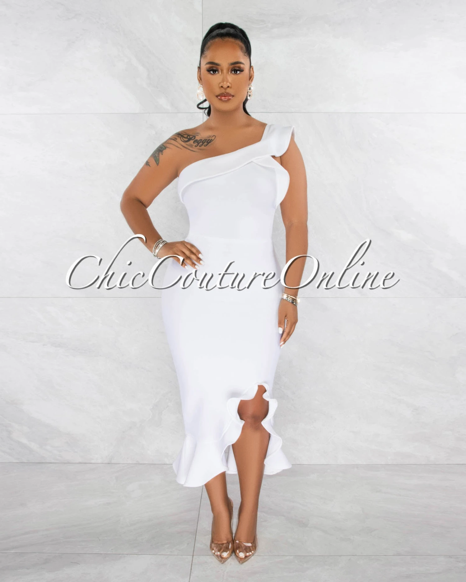 Galina Off-White Ruffle Accent Bandage Midi Dress