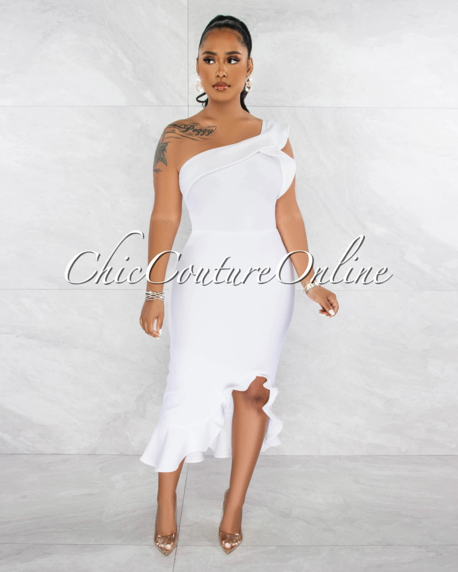 Galina Off-White Ruffle Accent Bandage Midi Dress - Image 2