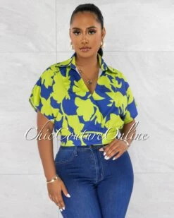 Darien Green Blue Print Buttoned Waist Crop Shirt