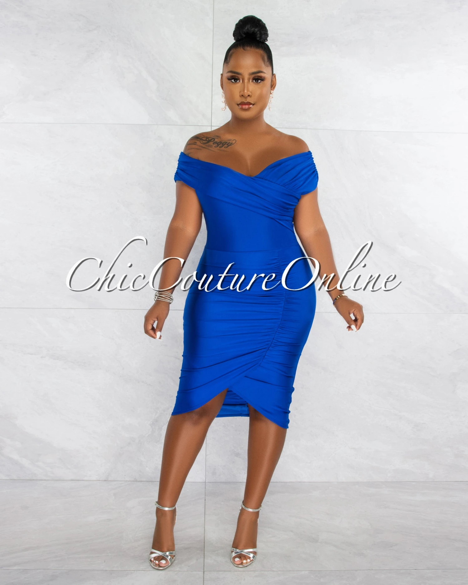 Gabbar Royal Blue Off-The Shoulders Ruched Midi Dress - Image 2