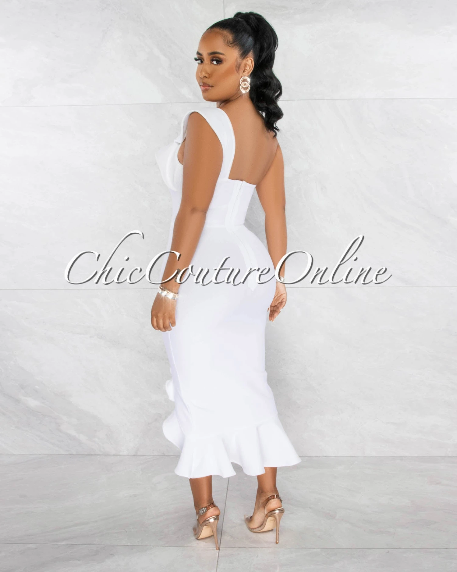 Galina Off-White Ruffle Accent Bandage Midi Dress - Image 3