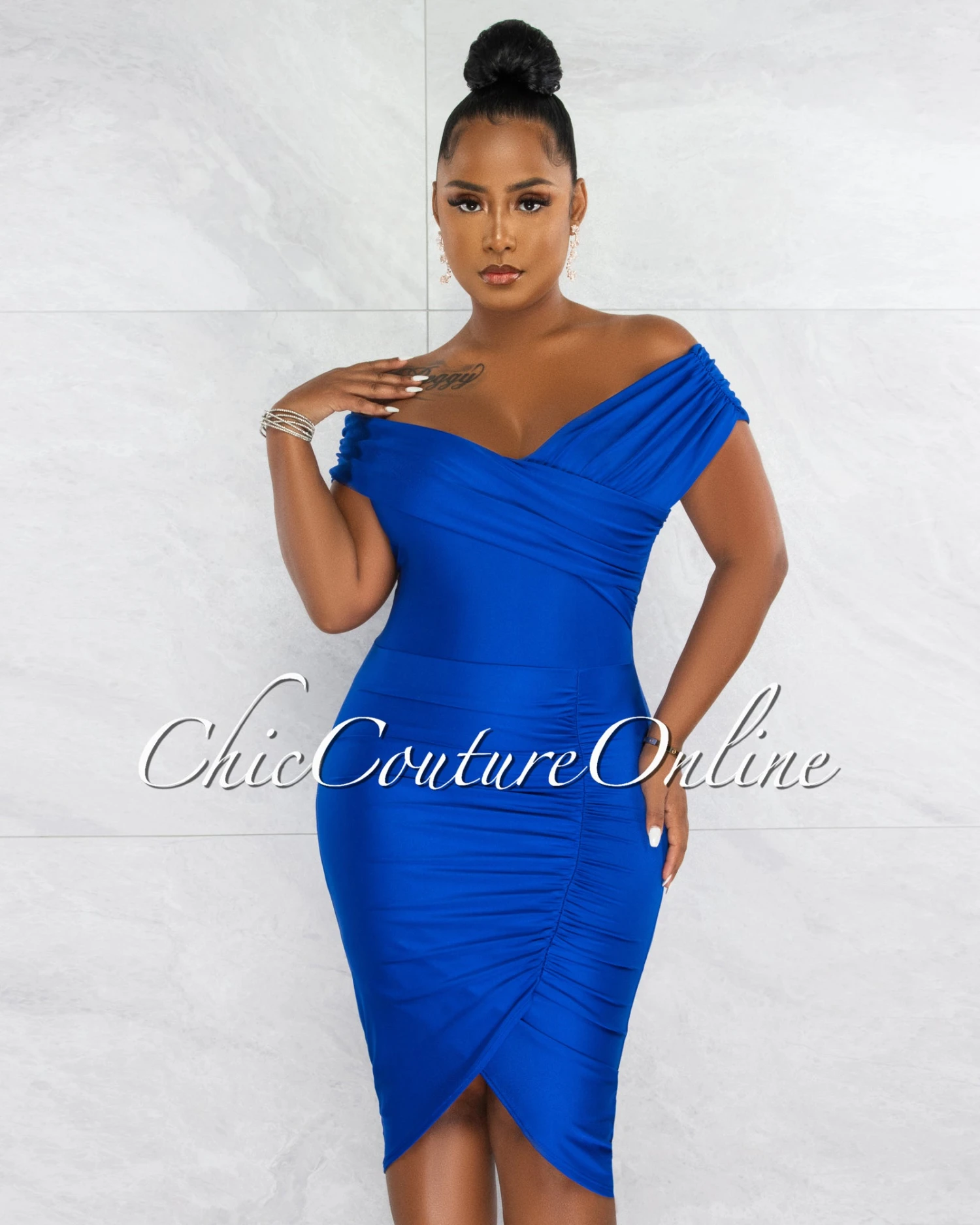 Gabbar Royal Blue Off-The Shoulders Ruched Midi Dress