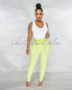 Kiah Baby Green Pleated Paper Bag Tie Belt Pants