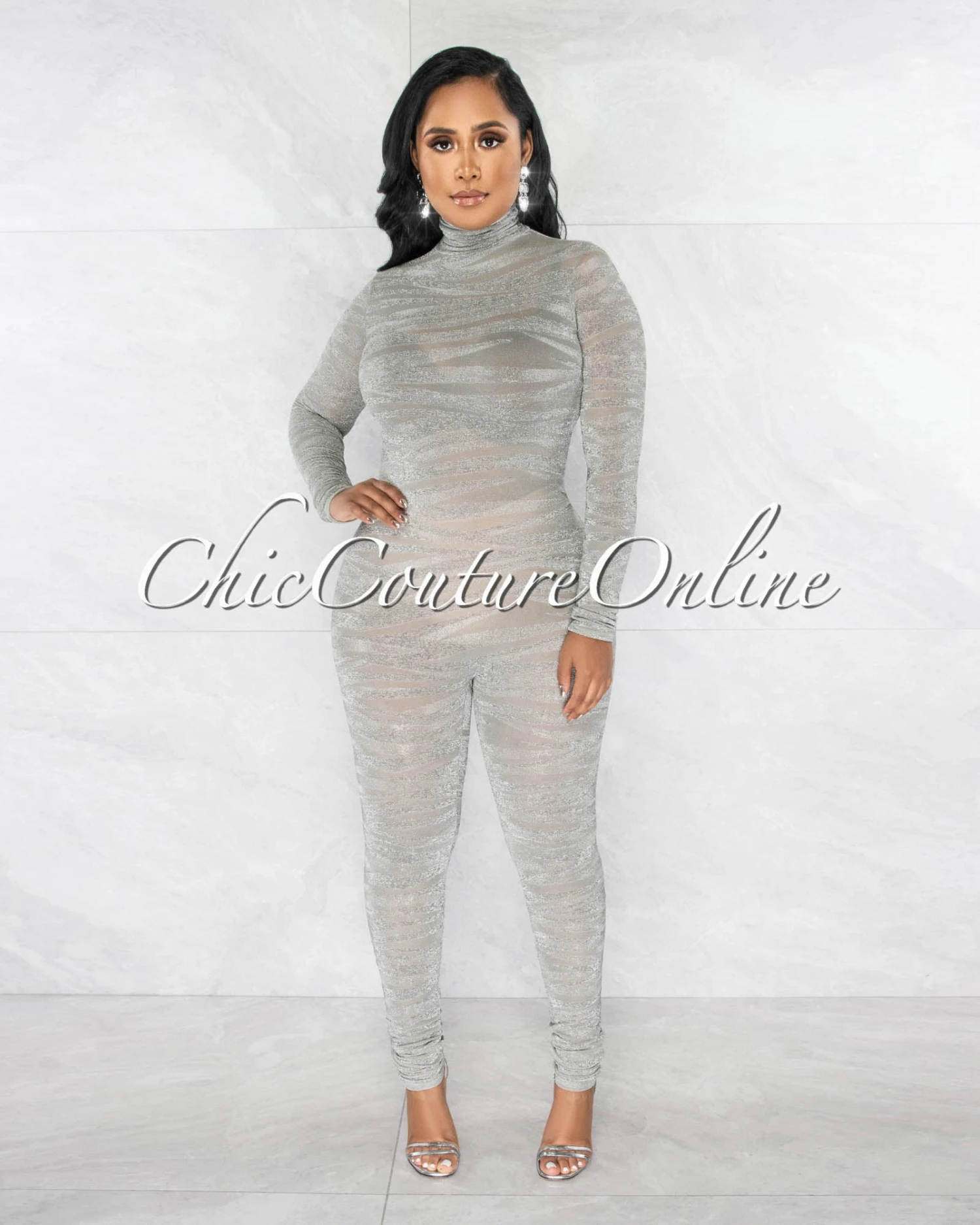 Henry Silver Shimmer Zebra Print Sheer Mesh Jumpsuit - Image 2