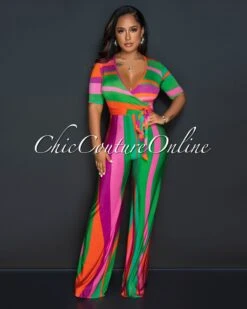 Caleb Green Orange Print Wide Legs Jumpsuit