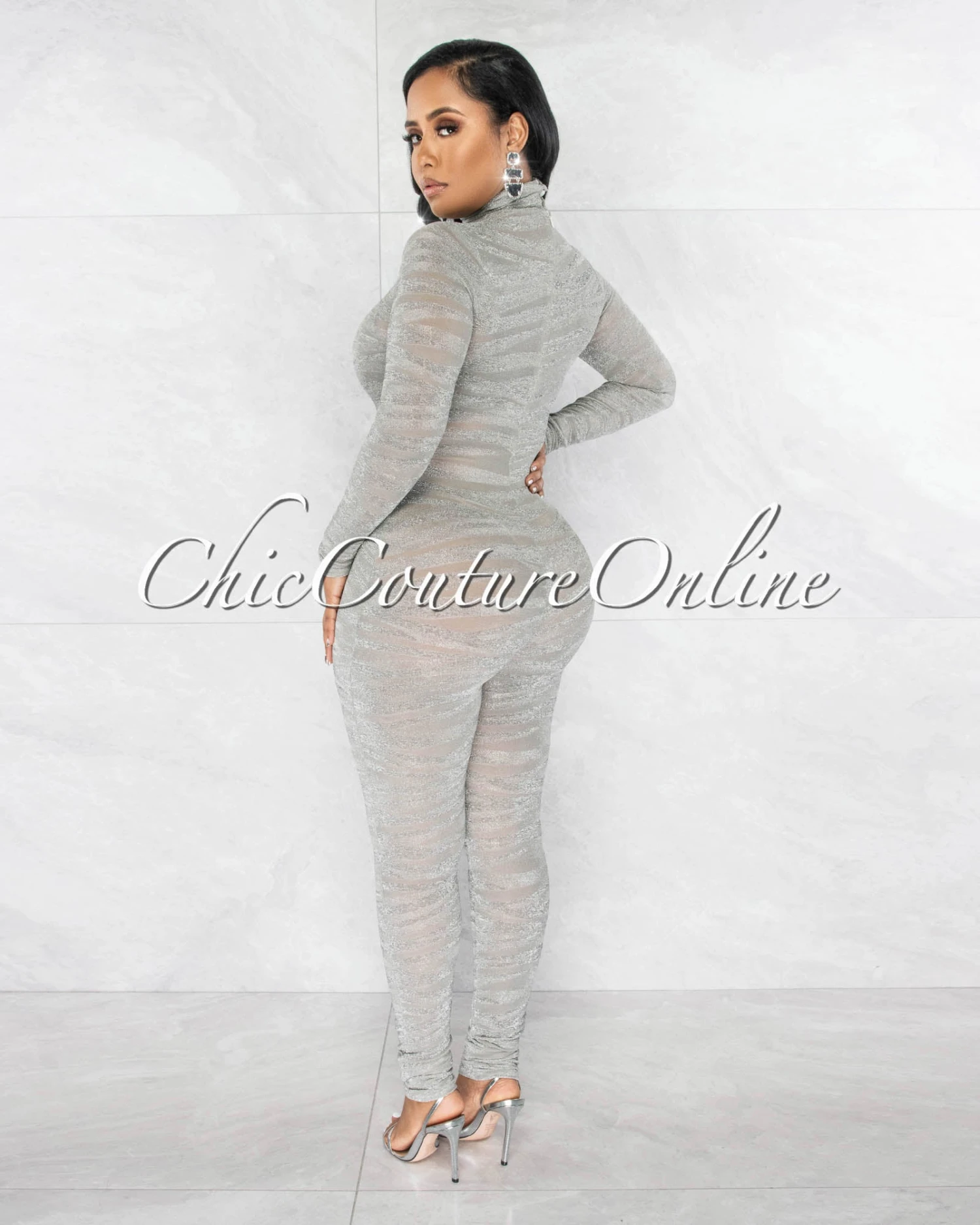Henry Silver Shimmer Zebra Print Sheer Mesh Jumpsuit - Image 3