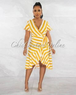 Basel Mustard White Stripes Wrap Ruffle Hem Dress