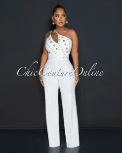 Devante Off-White Gold Studs Single Shoulder Belted Jumpsuit
