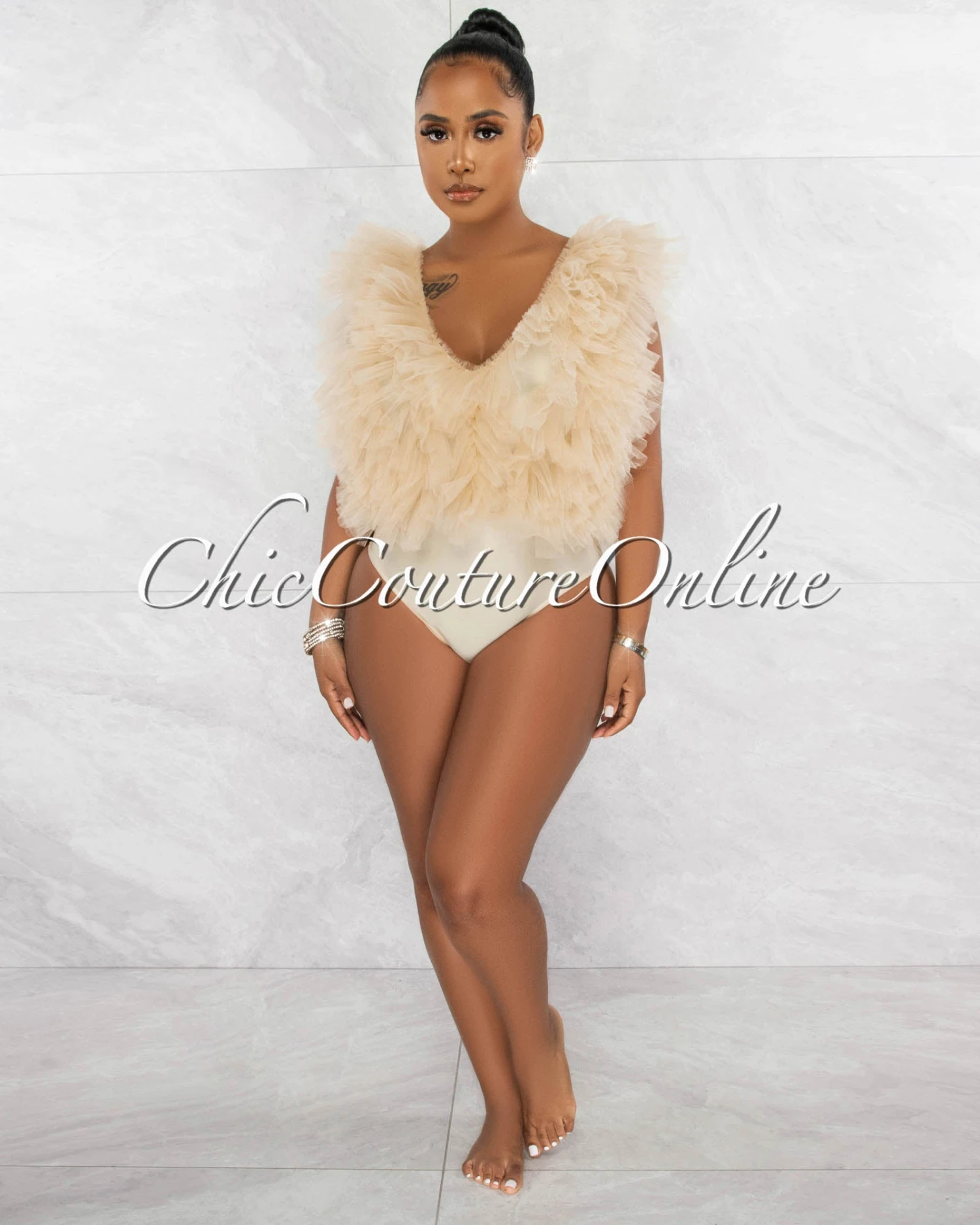 Zonya Nude Ruffle Tulle Bodysuit - Image 6