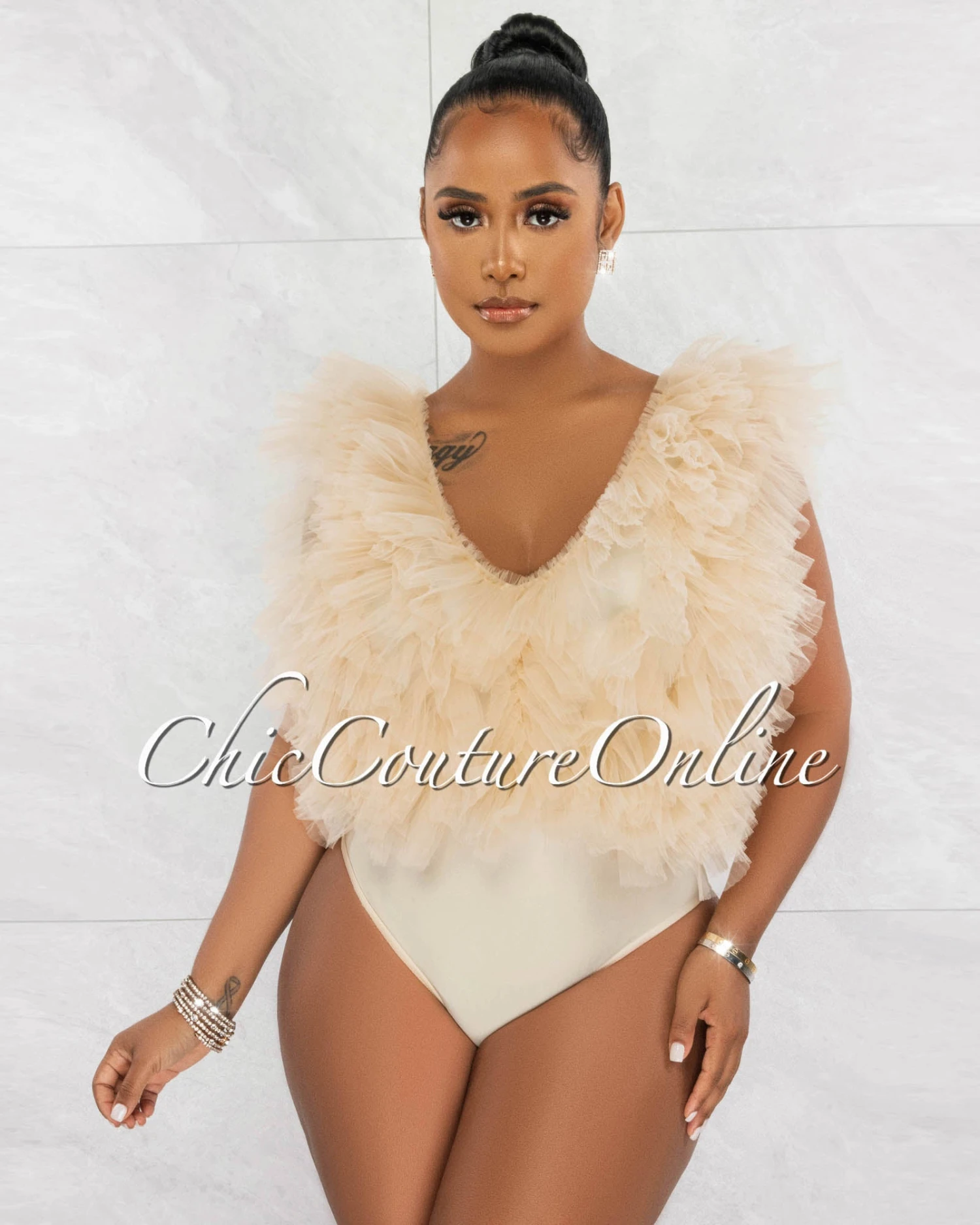 Zonya Nude Ruffle Tulle Bodysuit - Image 5
