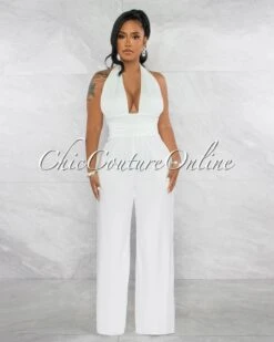 Sarina Off-White Halter Wide Legs Jumpsuit