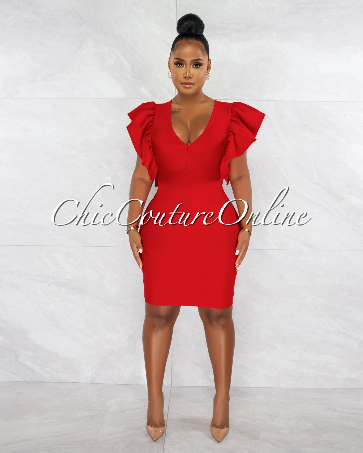 Barend Red V-Neck Ruffle Sleeves Bandage Midi Dress - Image 3