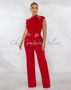 Jazelle Red Gold Link Lace-Up Jumpsuit