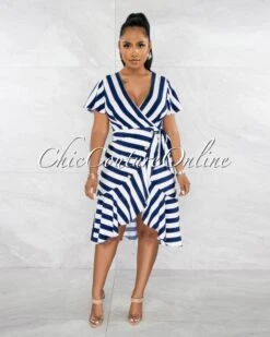 Basel Navy Blue White Stripes Wrap Ruffle Hem Dress