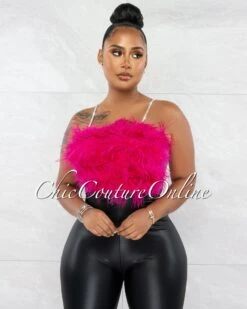 Mathis Fuchsia Rhinestones Straps Feather Crop Top