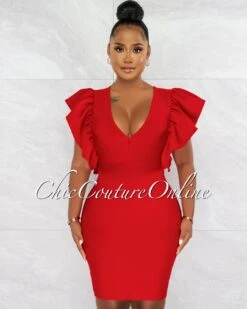 Barend Red V-Neck Ruffle Sleeves Bandage Midi Dress