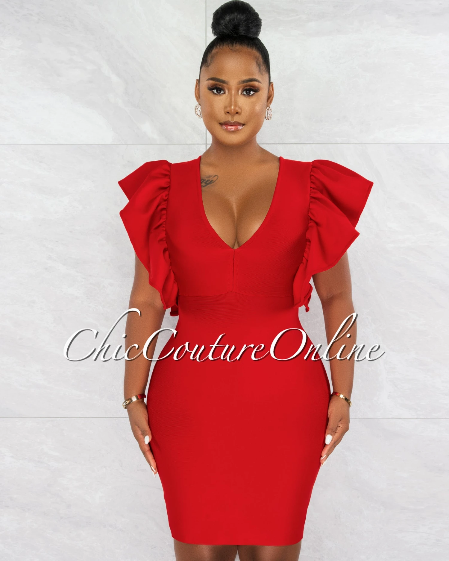 Barend Red V-Neck Ruffle Sleeves Bandage Midi Dress