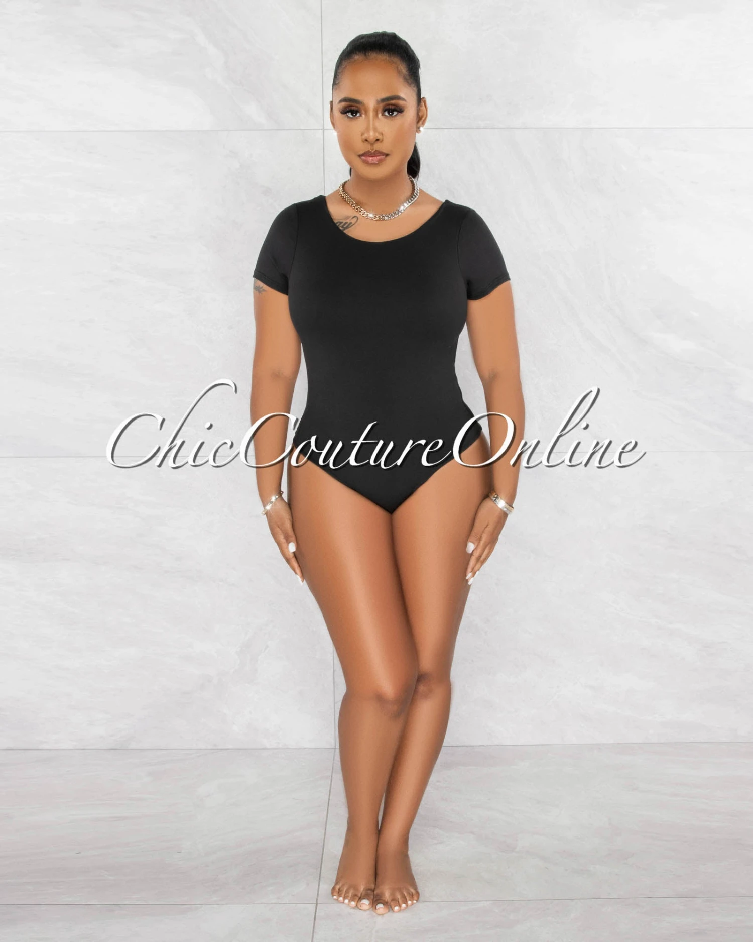 Merla Black Short Sleeves Double Lined Bodysuit - Image 2