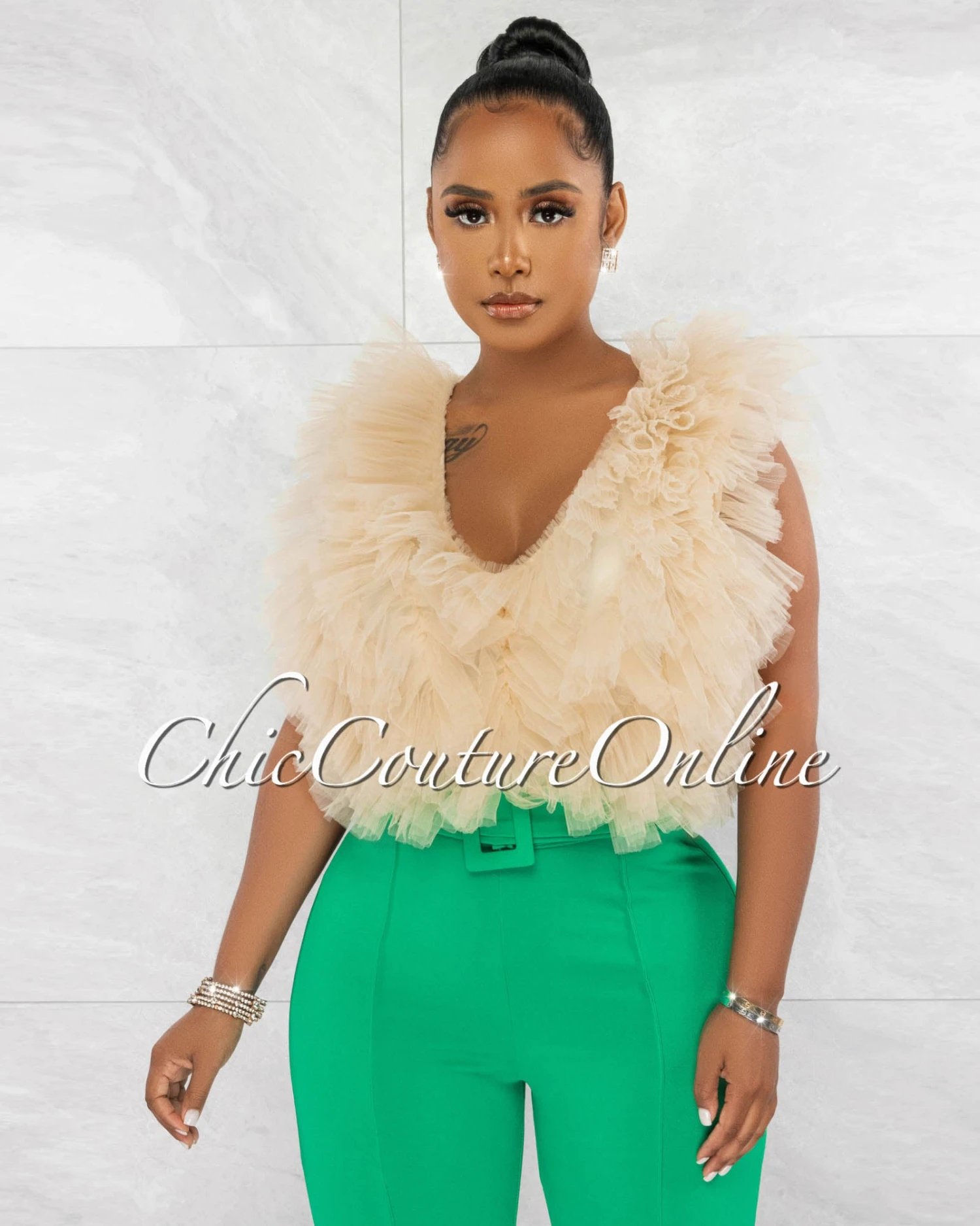 Zonya Nude Ruffle Tulle Bodysuit