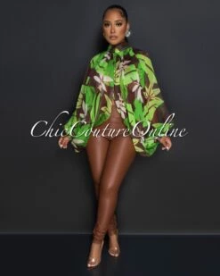 Pietra Green Brown Print Sheer Flowy Top
