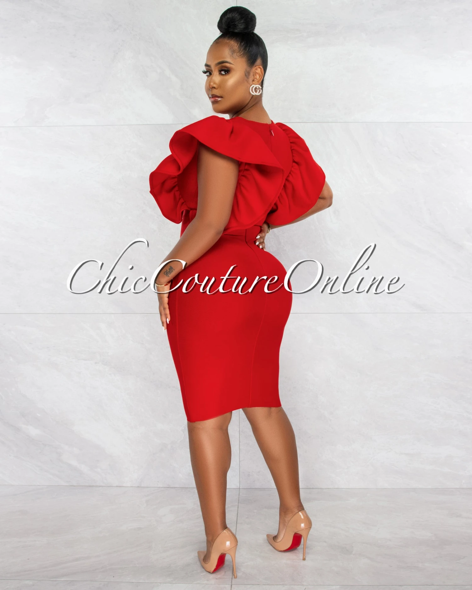Barend Red V-Neck Ruffle Sleeves Bandage Midi Dress - Image 4