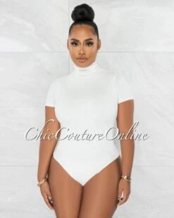 Merlyse Off-White Mock Neckline Short Sleeves Bodysuit