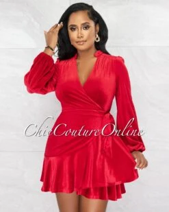 Bencia Red Velvet Wrap Ruffle Hem Dress