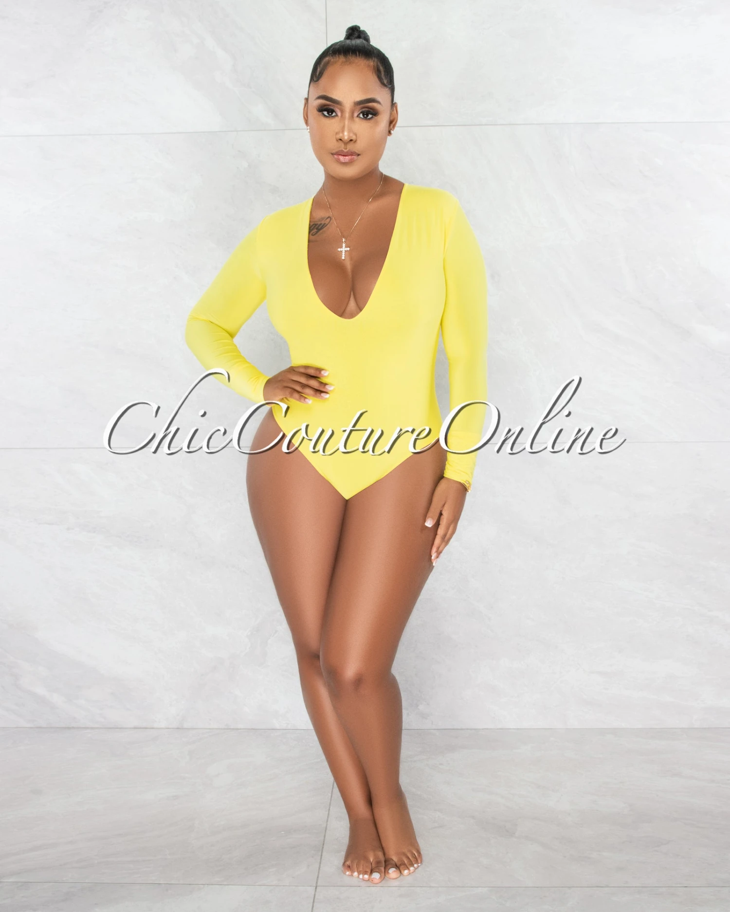 Nilam Yellow Depp V Neck Long Sleeves Bodysuit - Image 2