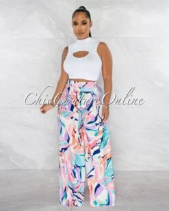 Kelsey Pink Print Self-Tie Belt Pleated Wide Pants