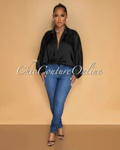 Pilar Black Wide Sleeves Silky Blouse