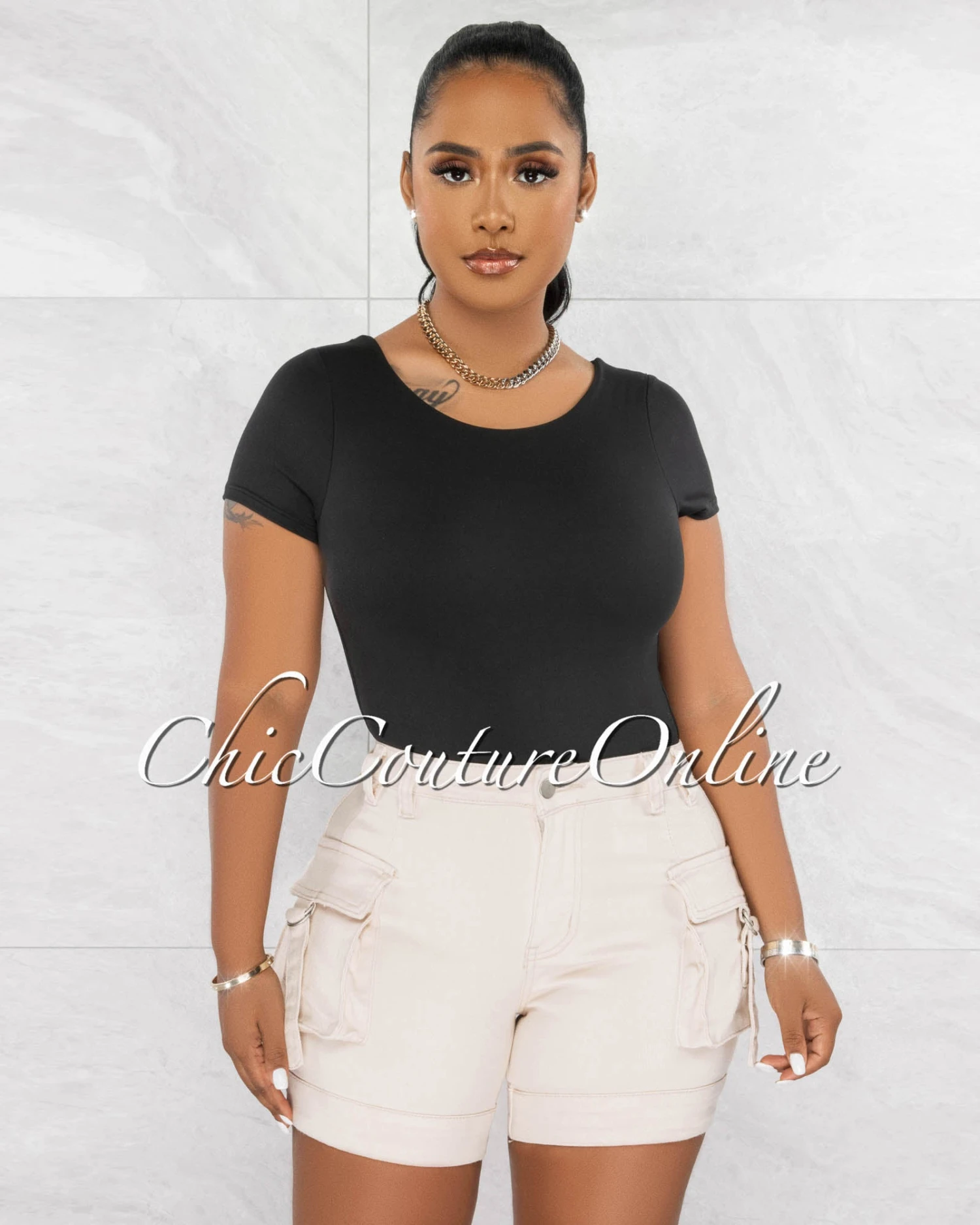 Merla Black Short Sleeves Double Lined Bodysuit - Image 4