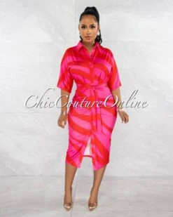Elexis Red Fuchsia Draped Front Buttons Shirt Midi Dress