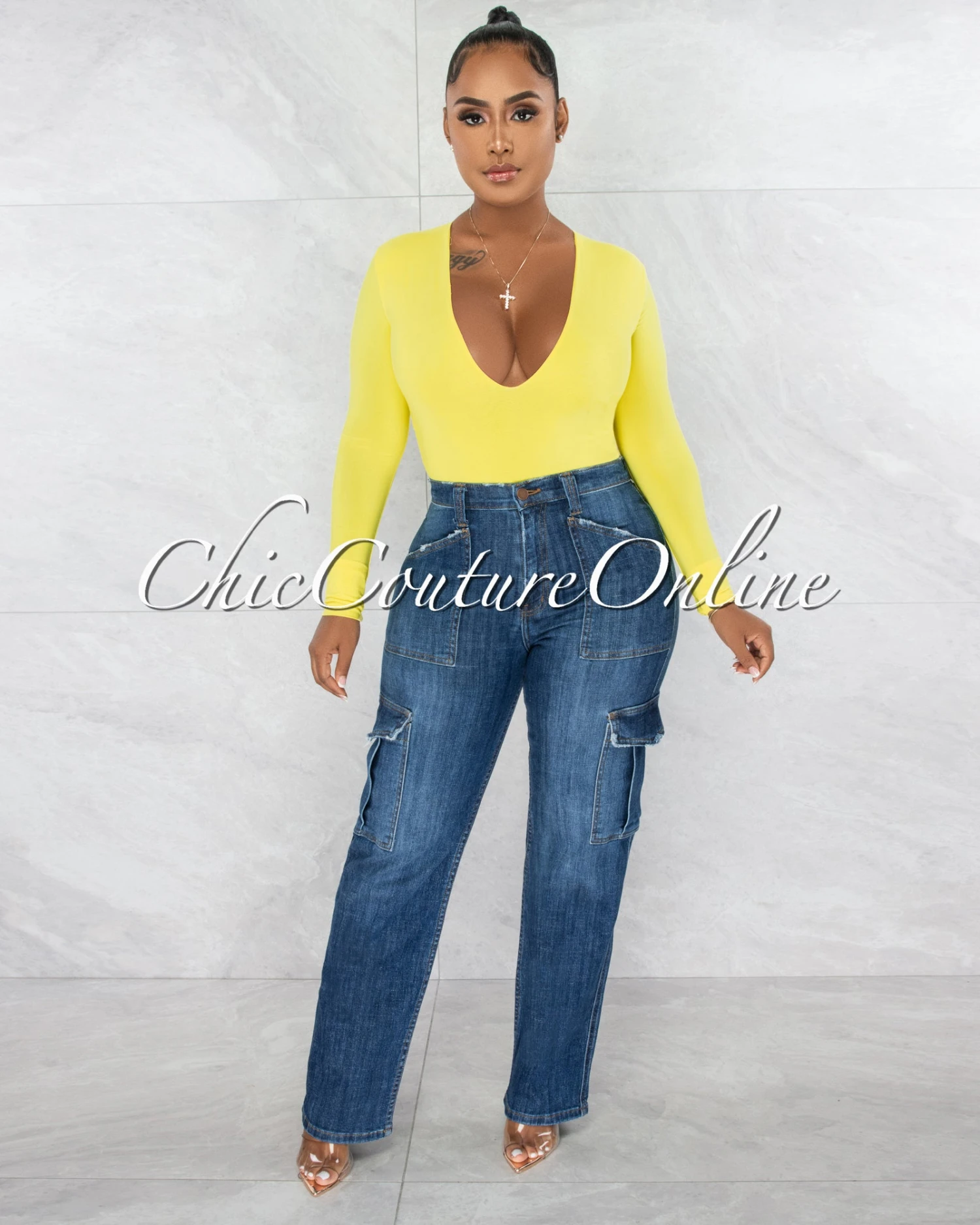 Nilam Yellow Depp V Neck Long Sleeves Bodysuit - Image 5