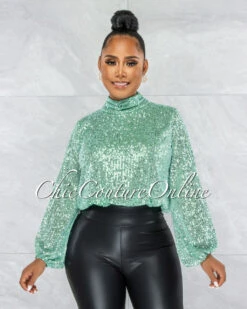 Marvesa Mint Sequins Drape Crop Top