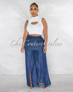 Grada Dark Blue Ankle Slit Wide Chambray Pants