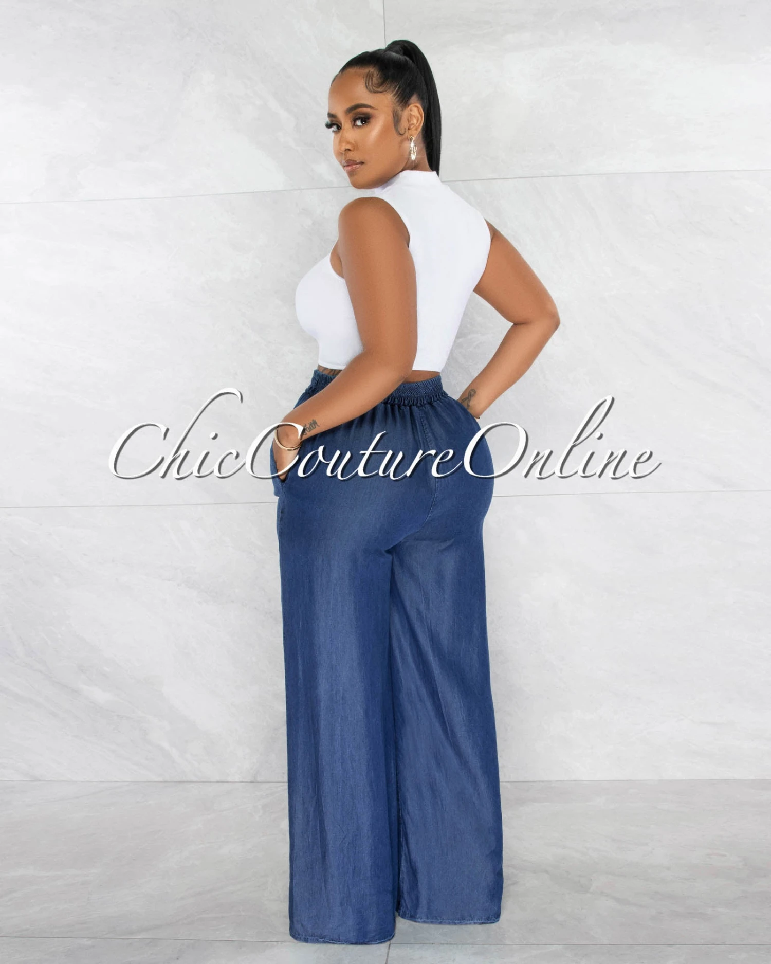 Grada Dark Blue Ankle Slit Wide Chambray Pants - Image 2