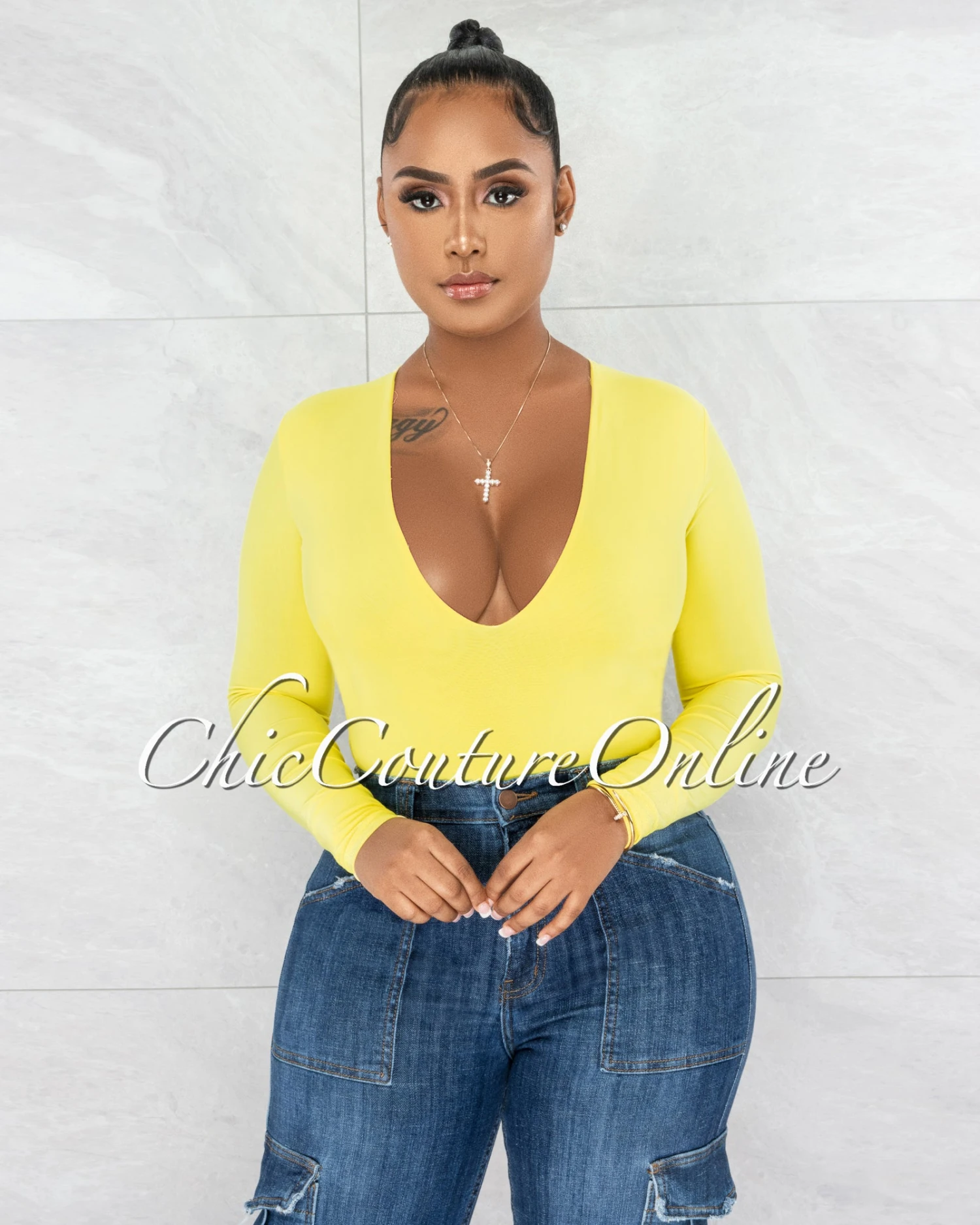 Nilam Yellow Depp V Neck Long Sleeves Bodysuit - Image 4