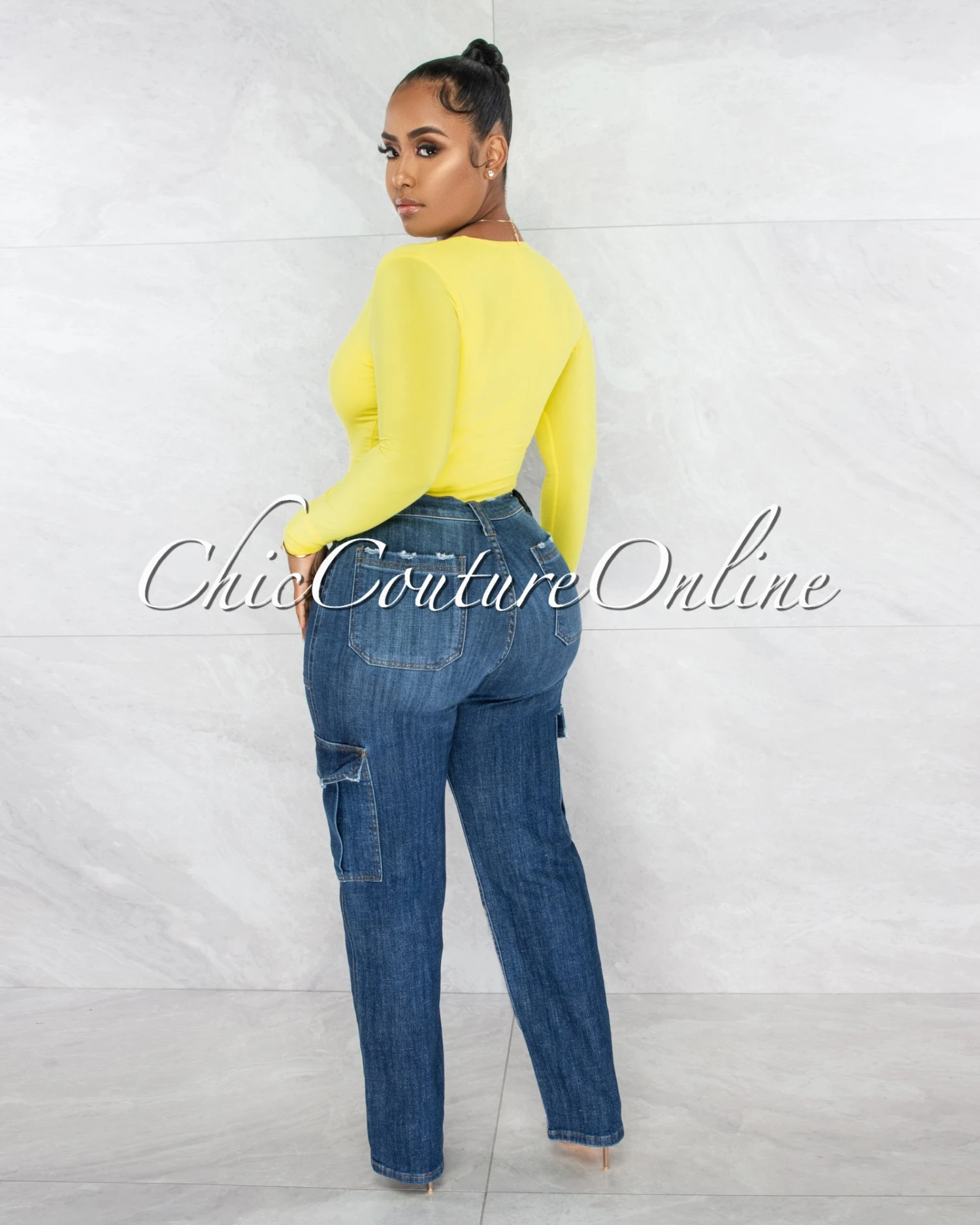 Nilam Yellow Depp V Neck Long Sleeves Bodysuit - Image 6