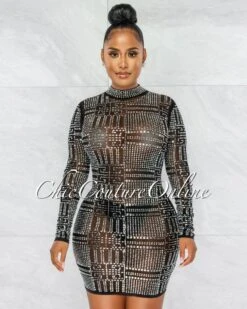 Farrow Black Rhinestones Mesh Sheer Dress