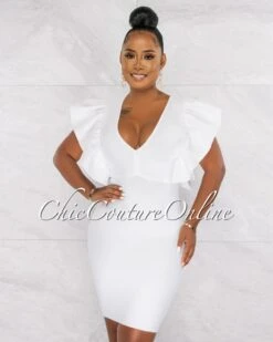 Barend Off-White V-Neck Ruffle Sleeves Bandage Midi Dress