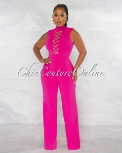 Brandy Fuchsia Gold Link Lace-Up Jumpsuit