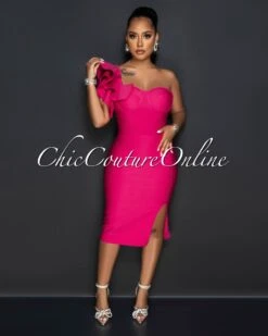Dilette Fuchsia Ruffle Shoulder Accent Bandage Dress