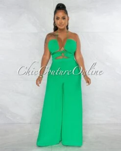 Boniface Green Front Cut-Out Lace-Up Jumpsuit