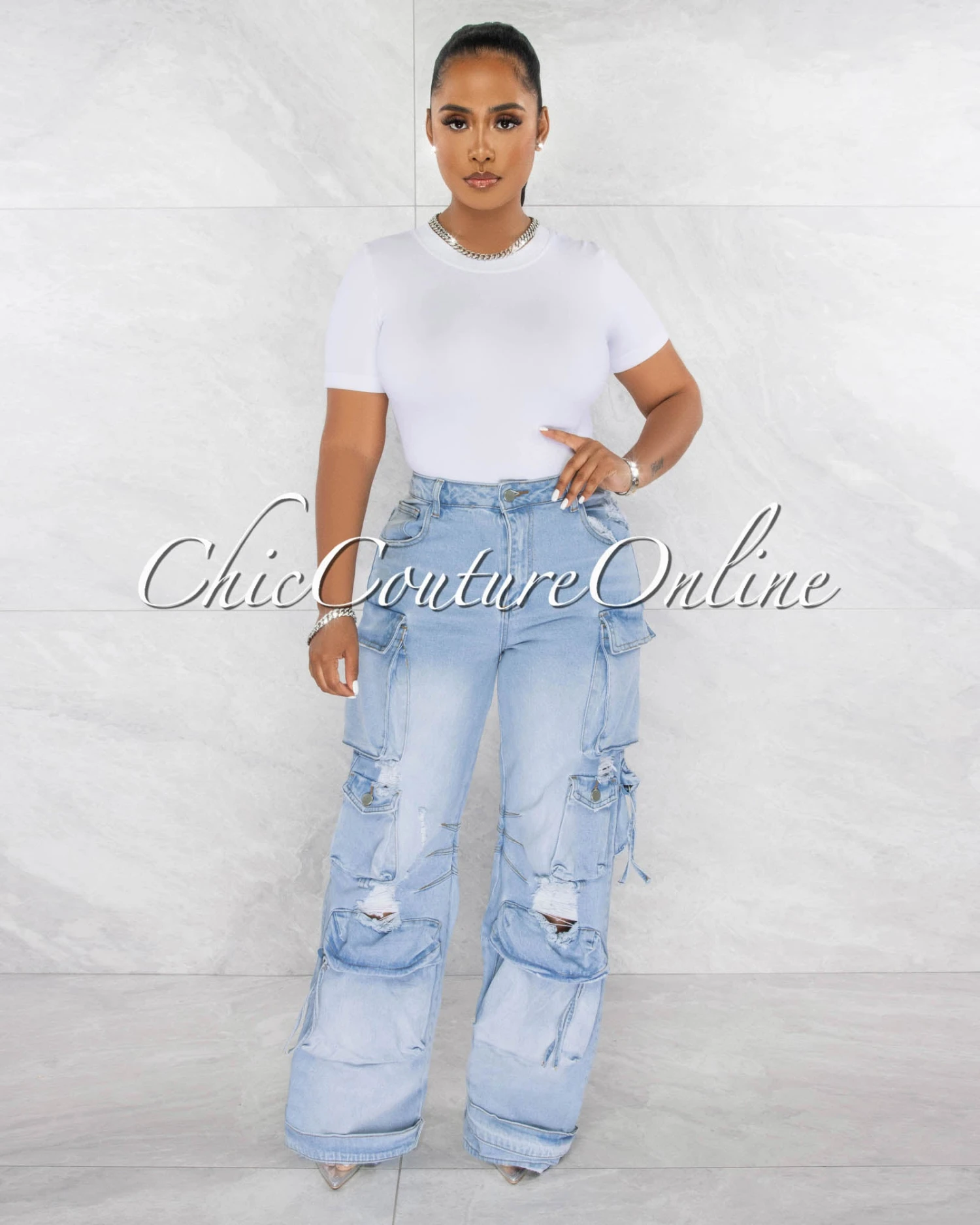 Pallas Light Denim Distressed Wide Cargo Jeans - Image 2