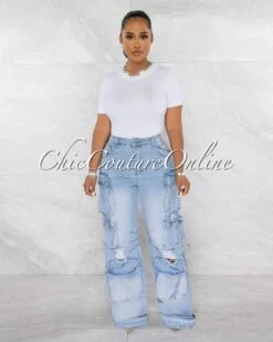 Pallas Light Denim Distressed Wide Cargo Jeans